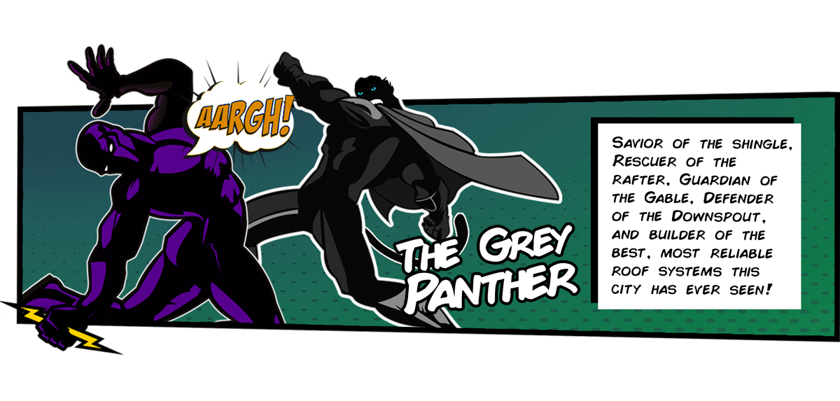 It's the Grey Panther! Savior of the Shingle, Rescuer of the Rafter, Guardian of the Gable, Defender of the Downspout, and Builder of the Best, Most Reliable Roof Systems this city has ever seen! Ka-pow, he takes Sergeant Storm out with one swing!